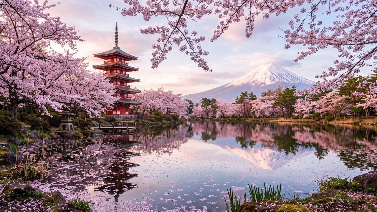Cherry Blossoms, Pagoda and Mount Fuji wallpaper