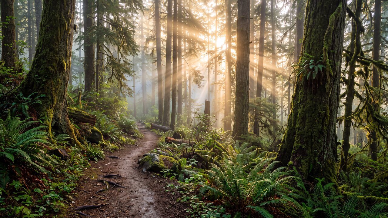 Misty Forest at Sunrise wallpaper
