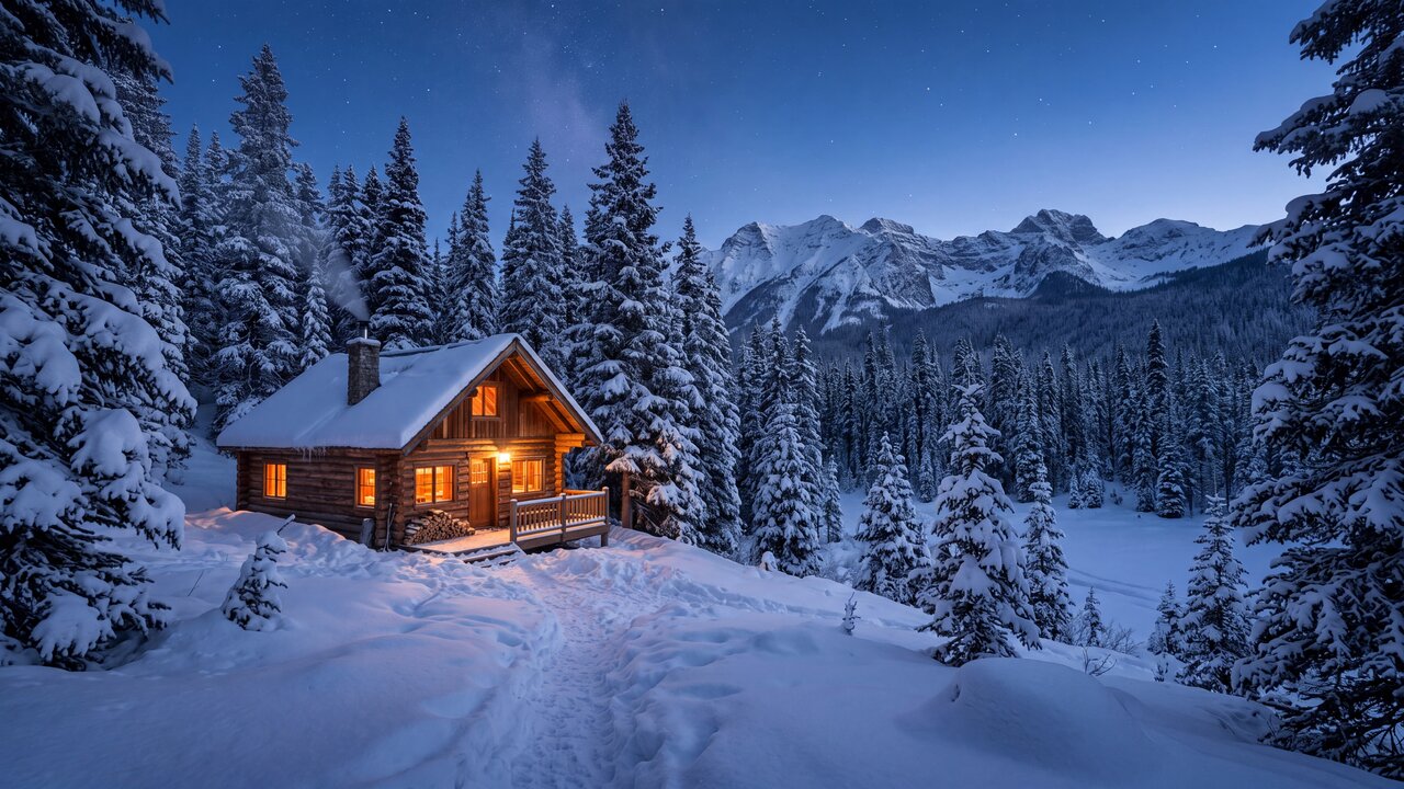 Snowy Cabin at Twilight wallpaper