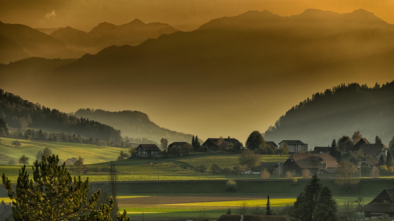 Mountains Village Trees wallpaper