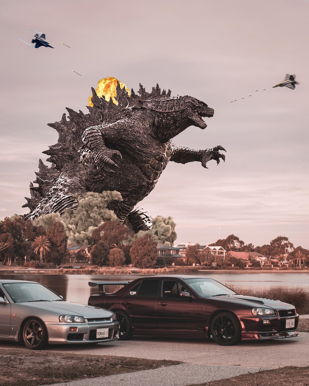 Cars Lake Godzilla wallpaper