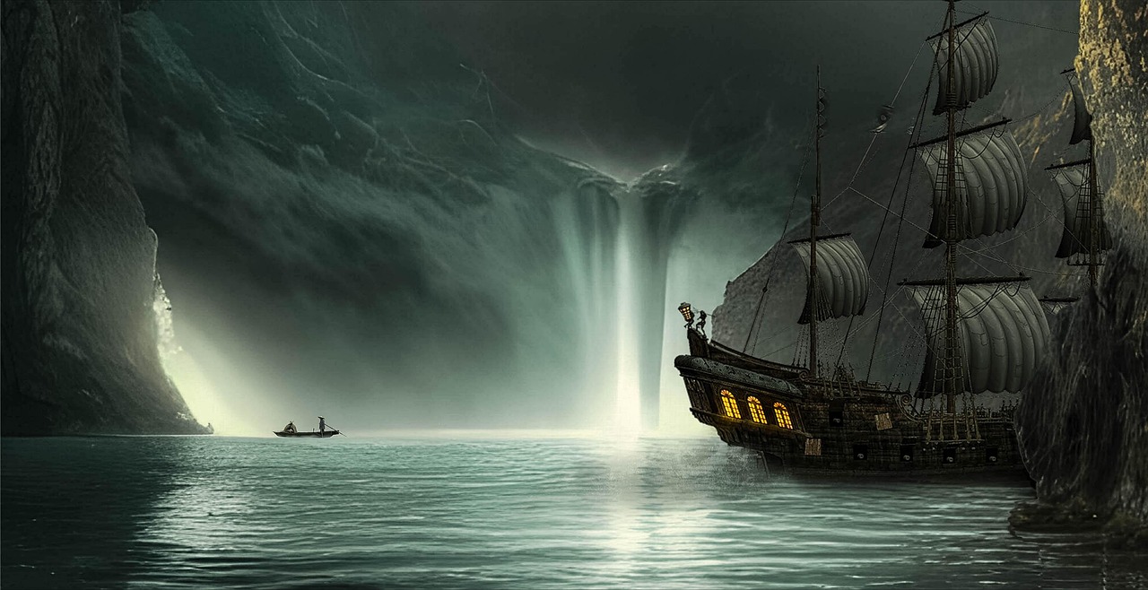 Waterfall Sea Pirate Ship Boat wallpaper